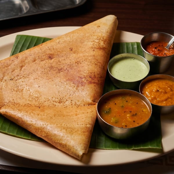 Crispy dosa on a banana leaf with three small bowls of colorful chutneys and sambar.