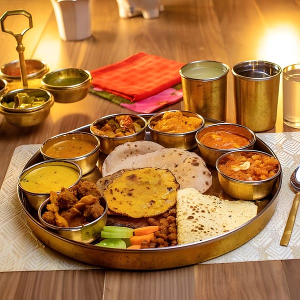 A traditional Indian thali meal with various curries, breads, and desserts served in brass bowls.