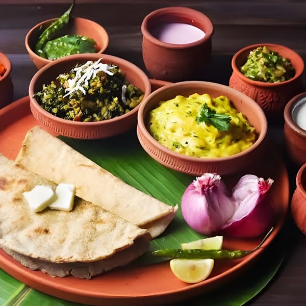 A traditional Indian thali with flatbread, vegetables, and sauces in terracotta bowls on a banana leaf.