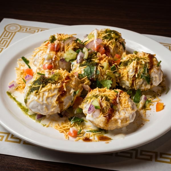A white plate holds five dahi vada, topped with yogurt, chutneys, chopped vegetables, and sev.