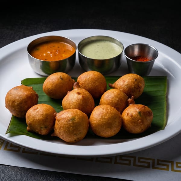 Golden-brown Indian pakoras on a banana leaf, served with three small bowls of dipping sauces.