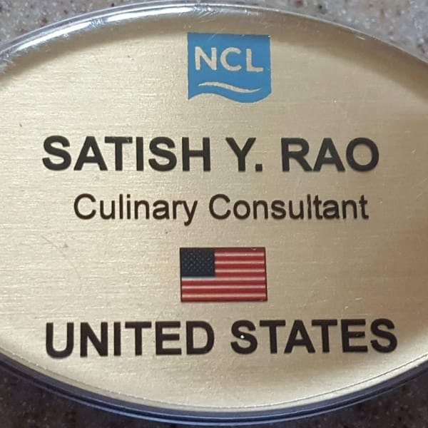 A name tag for Satish Y. Rao, Culinary Consultant, from the United States, with an NCL logo.