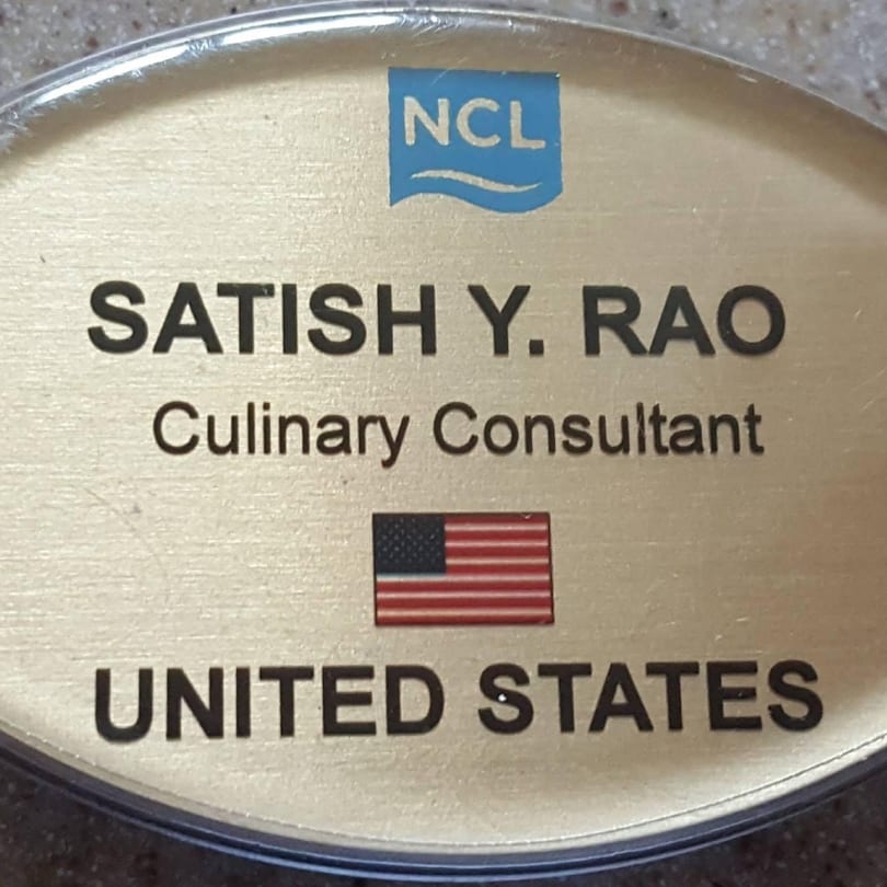 A name tag for Satish Y. Rao, Culinary Consultant, from the United States, with an NCL logo.