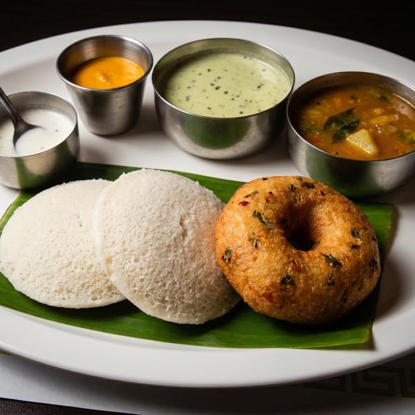 South Indian breakfast platter with idli, vada, sambar, and chutneys on a banana leaf.