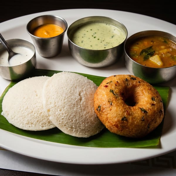 South Indian breakfast platter with idli, vada, sambar, and chutneys on a banana leaf.