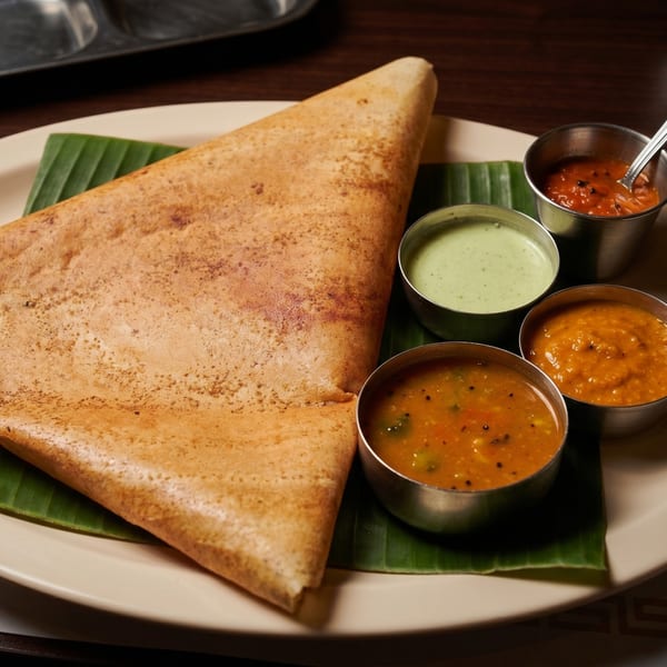 Crispy dosa on a banana leaf with three bowls of colorful chutneys and sambar.